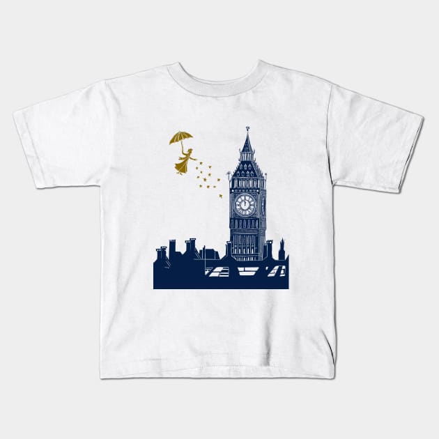 Mary Poppins and Big Ben Linocut Kids T-Shirt by Maddybennettart
